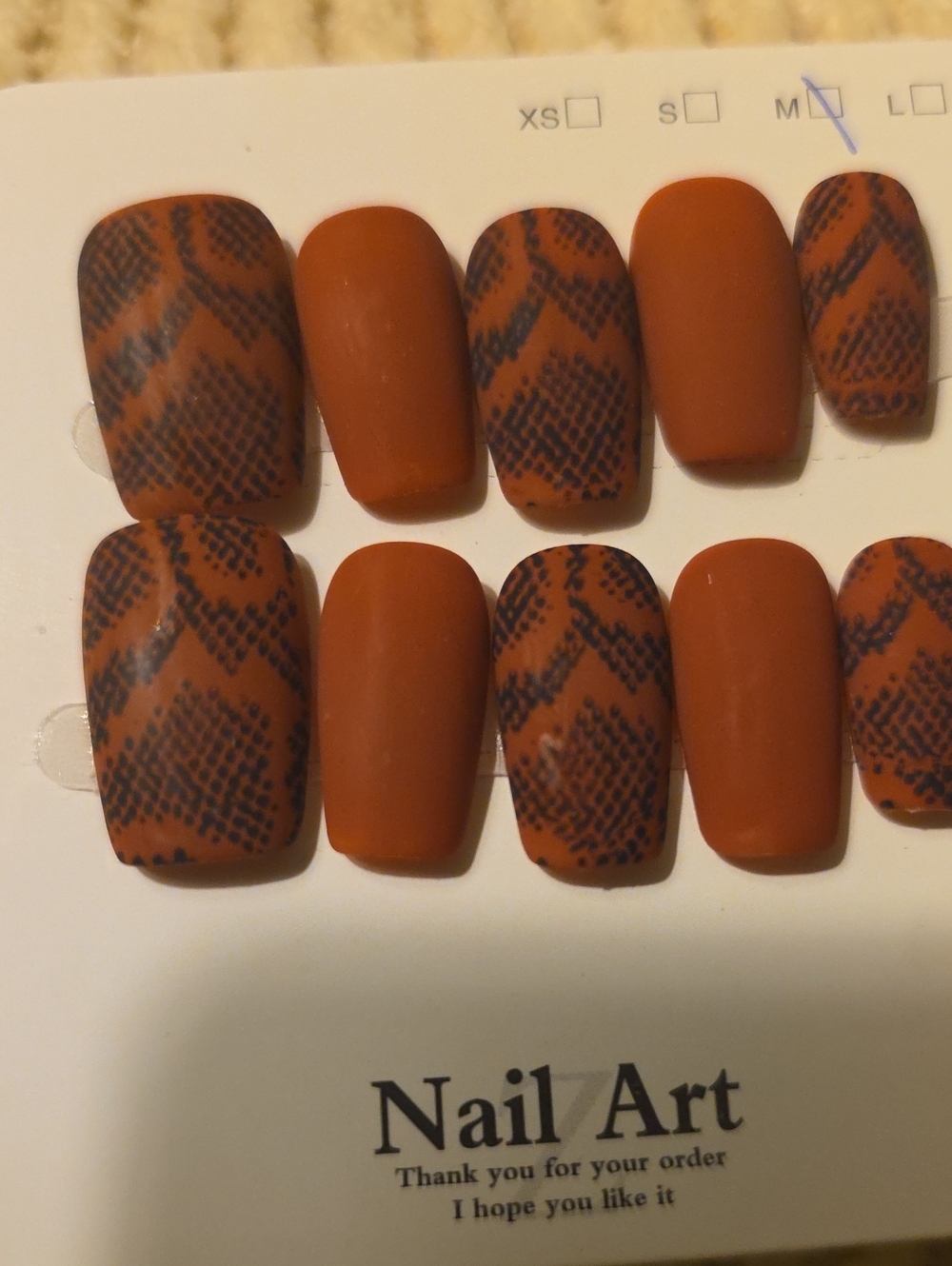 Matte Rust Brown Snake-Print Press-On Nails by Nail Art Size Med